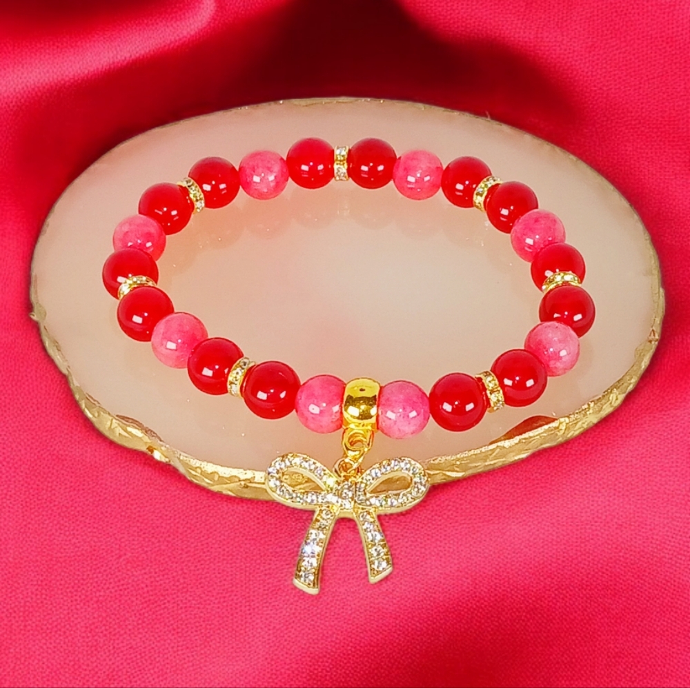 Rose Jade Pink Rhodochrosite Crystal Bracelet with Bow Charm Coquette Y2k Kawaii